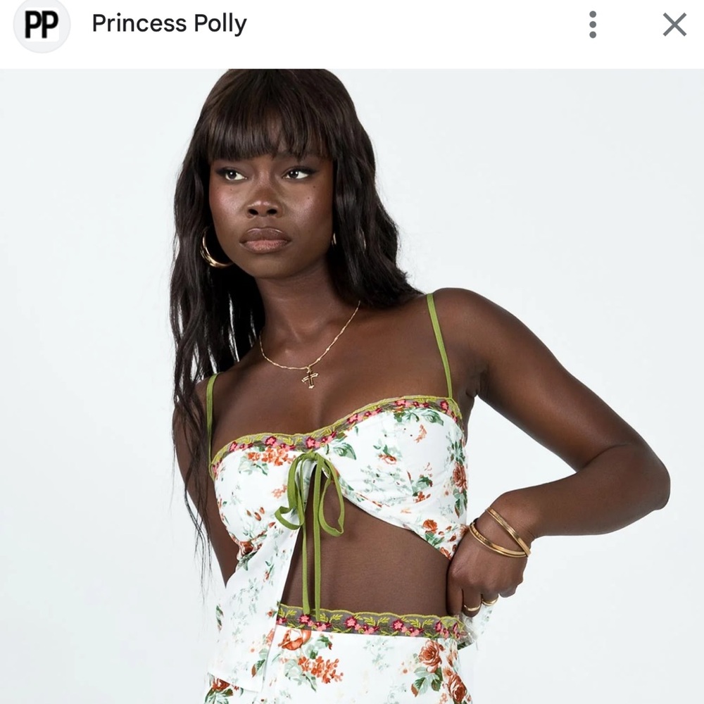 Floral Tie-Front Crop Top - White with Olive Trim - size US 6